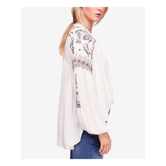 ICONIC BOHO WESTERN FREE PEOPLE EMBROIDERED STUDDED V NECK BLOUSE OFF WHITE SZ M - Picture 4 of 16